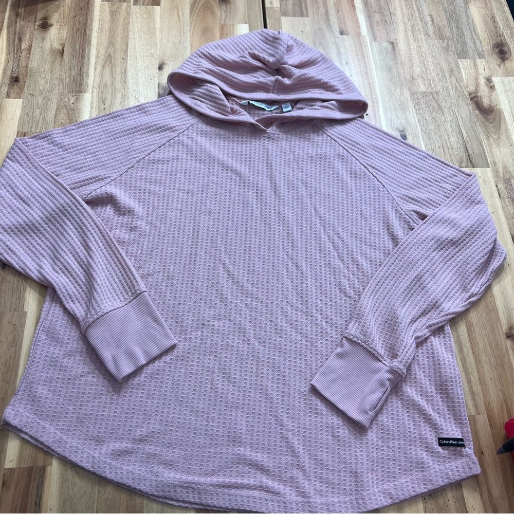 Calvin Klein Jeans Waffle Knit Hoodie Mauve Pink Thumb Holes Size L